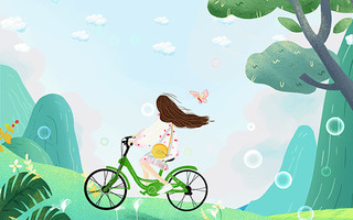 绿色卡通小女孩骑自行车GIF动态图春游背景